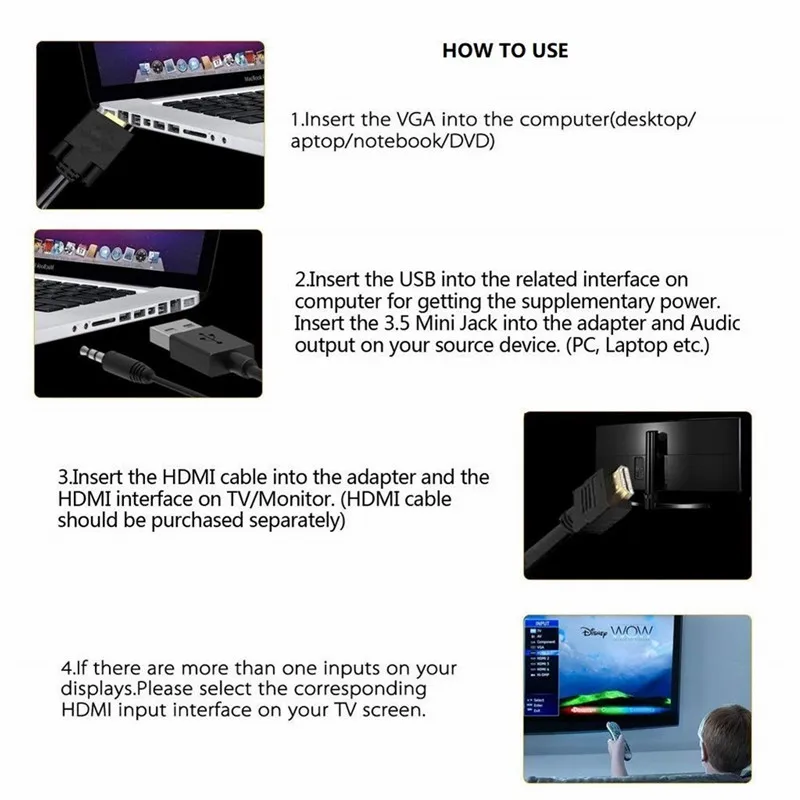 1080P VGA to HDMI Converter Adapter for Computer Desktop,Laptop,PC,Monitor,Projector,HDTV with Audio Cable and USB Cable 1080P VGA to HDMI Converter Adapter for Computer Desktop,Laptop,PC,Monitor,Projector,HDTV with Audio Cable and USB Cable