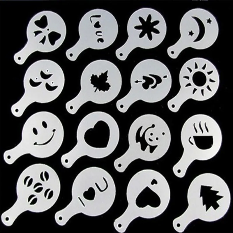 

16Pcs Mold Coffee Milk Cake Cupcake Stencil Template Coffee Barista Cappuccino Template Strew Pad Duster Spray Tools