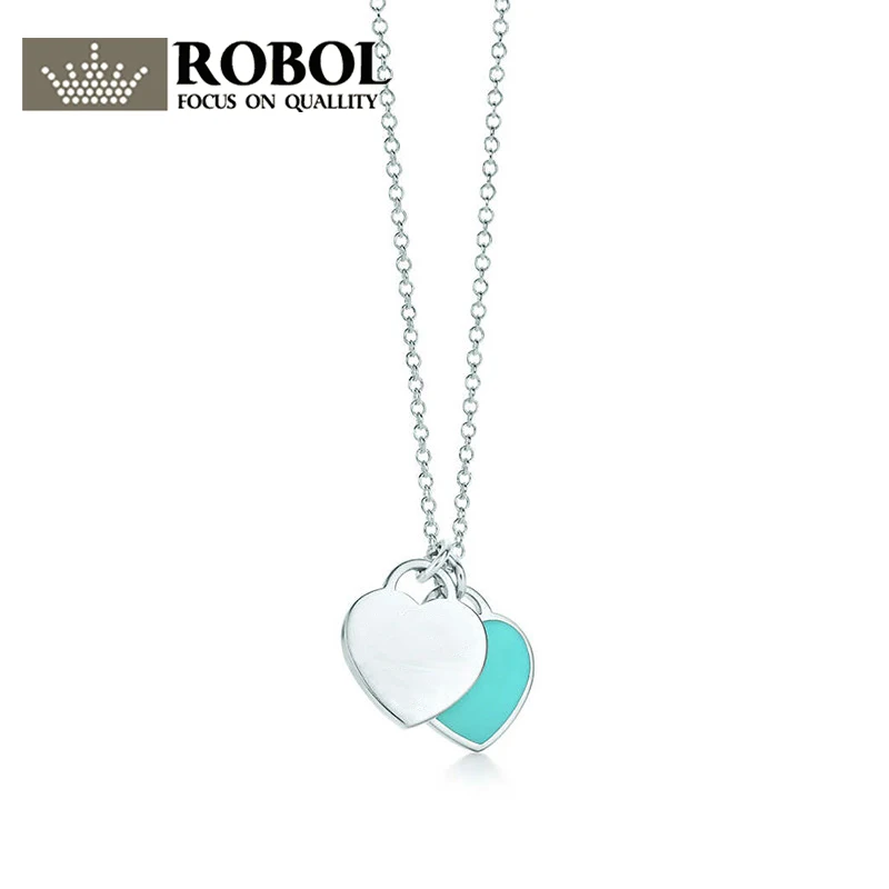 

ROBOL Pure 925 Sterling Silver Pandent Women Jewelry Heart Necklace Green Red Heart Jewelry Rose Gold Color Heart Love Necklace