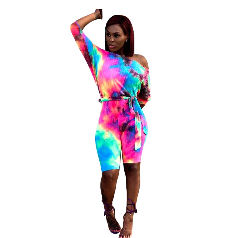 Женский сексуальный комбинезон с открытыми плечами и принтом Tie Dye, с вырезом лодочкой, с рукавом 3/4, с высокой талией, с поясом, длиной до колен, повседневный комбинезон, костюм для подвижных игр