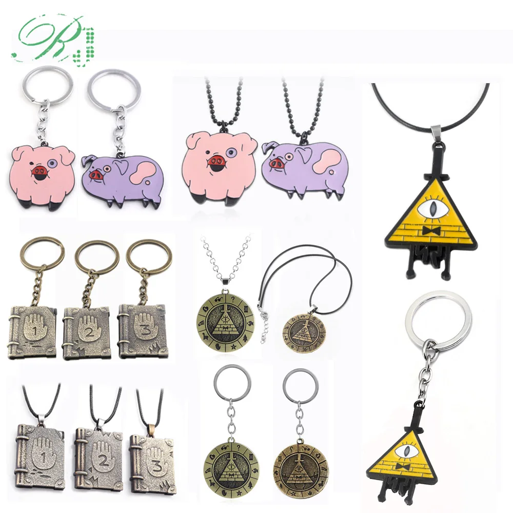 

RJ New Gravity Falls 5 Necklaces Pendants Mysterious Town Dipper Mabel Waddles Bill Cipher Time Notebook Keyring Anime Jewelry