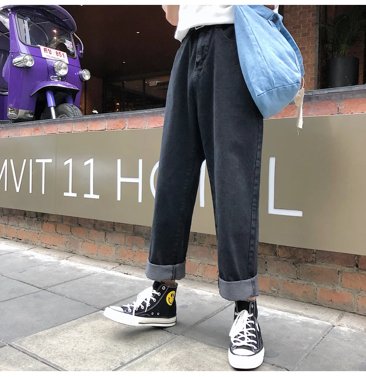2019 весенние брюки Пара Твердые Цвет джинсы мужские Высокая Талия нейтральный японский оригинальные свободные большие размеры брюки синий