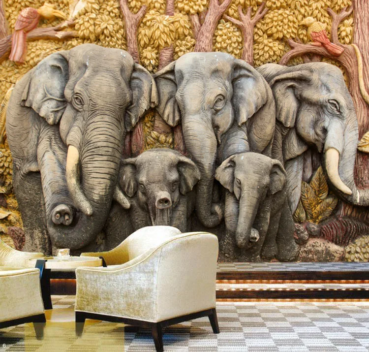 

Free shipping  Personality relief mural wallpaper 3D retro bar room TV backdrop of elephant  Custom sizes