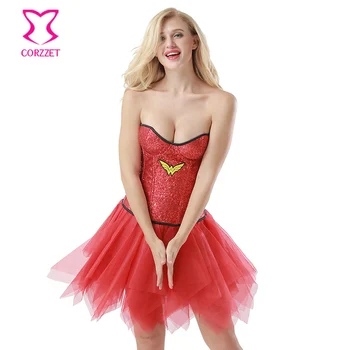 

Sexy Wonder Woman Costume Red Sequins Corset Dress Cosplay Women Superhero Costume Halloween Sexy Costumes For Adults