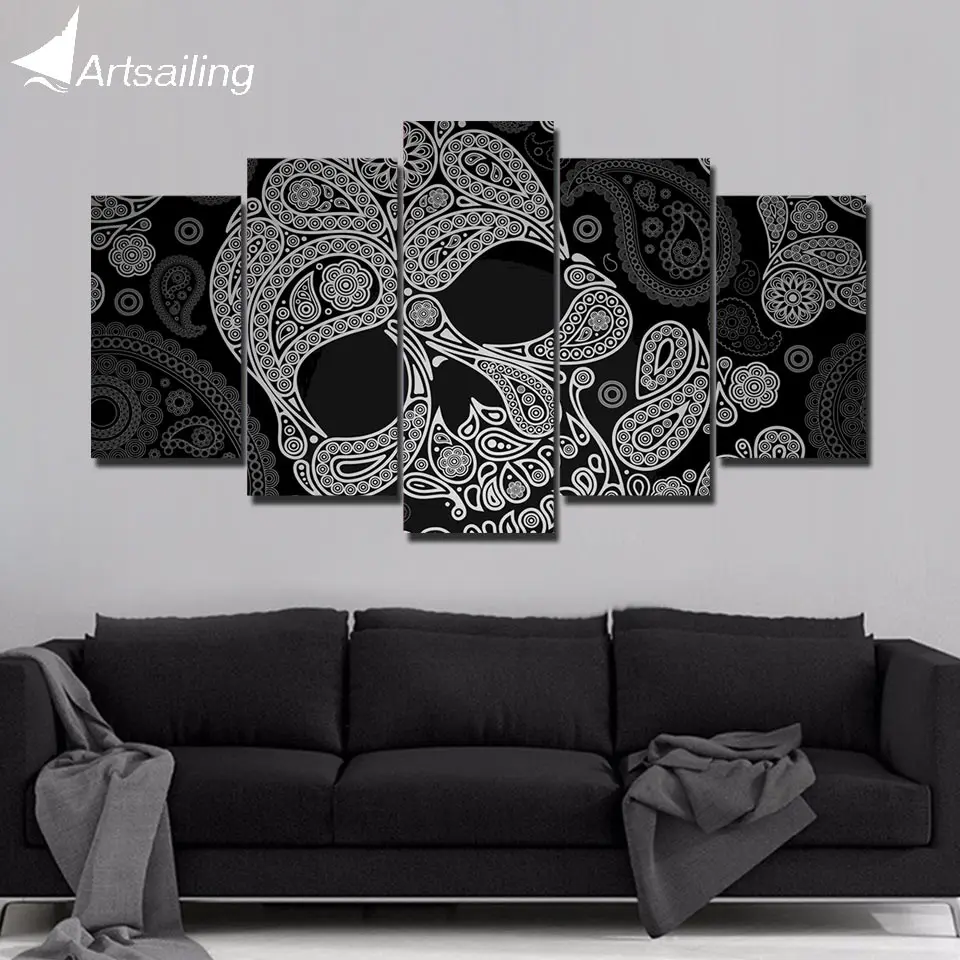 ArtSailing HD print 5 piece canvas art Black and White Abstract Skull wall pictures for living ...