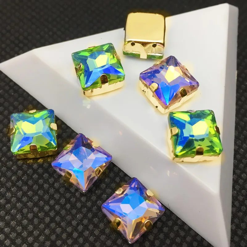 

AB colors Golden Color claw settings 8mm 12mm 14mm Square glass Crystal Sew on rhinestone decoration Wedding dress diy trmming