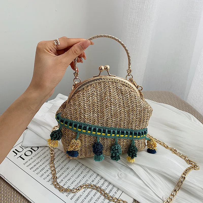 

Straw National Style Women Handbag 2019 New Metal Handle Tote Bag Tassle Messenger Bag Brand Designer Crossbody Shoulder Bag