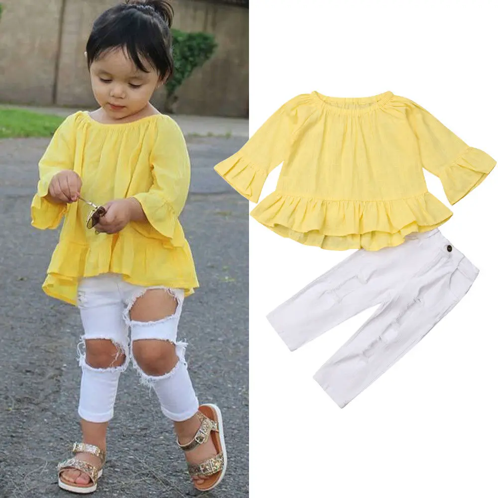 

Fashion Toddle Kids Girl Outfits Set New Flare Long Sleeve Solid Tops Hole Pants Leggings Girls Princesses Casual Clothes Set