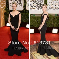 Emma Roberts 2014 Golden Globe Awards Off the Shoulder V Neck Ruffles Black Mermaid Celebrity Dresses Red Carpet Evening Dress