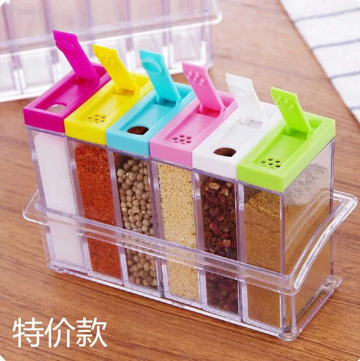 Прямоугольные 6 решеток солевые специи и перца шейкеры прозрачный пластиковый ящик для хранения приправ для кухонных принадлежностей - Цвет: D