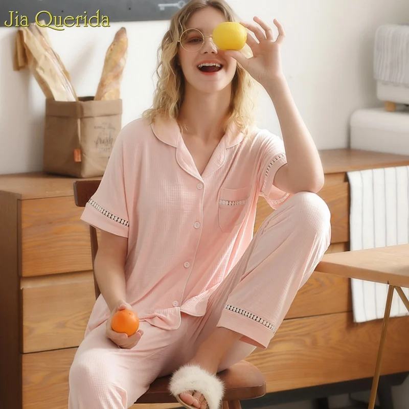 

Plain Style Pajama Woman Home Clothes Modal Pajama Solid Pink Short Sleeve Long Pants Pajama Set Soft Comfort Sleepwear 2019 New