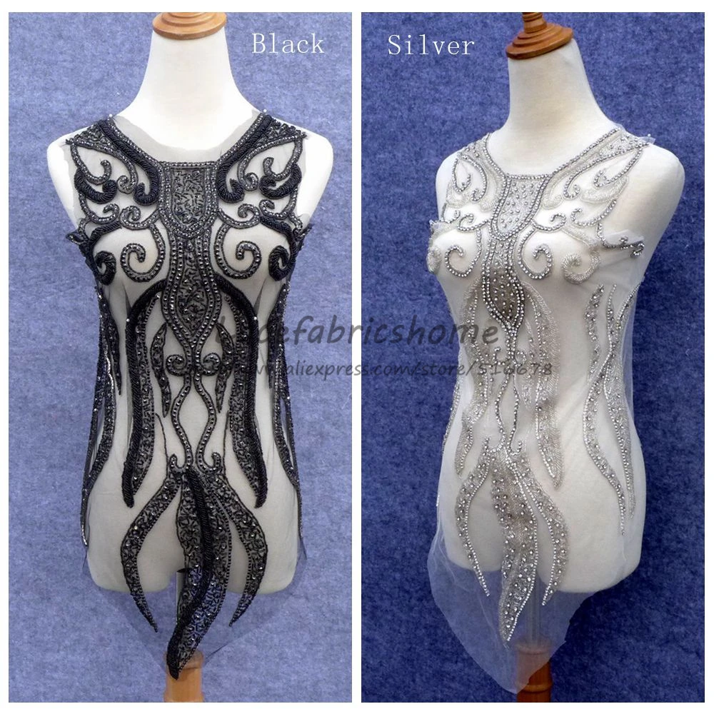 

Silver/black Super High-grade imitation large Rhinestone patches handmade embroidery wedding dress accessories 75X48cm by piece