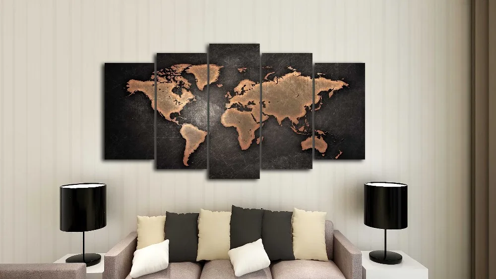 Картины HD абстрактный холст для гостиной настенный художественный плакат 5 шт. Ретро Карта мира декоративные картины модульная рамка