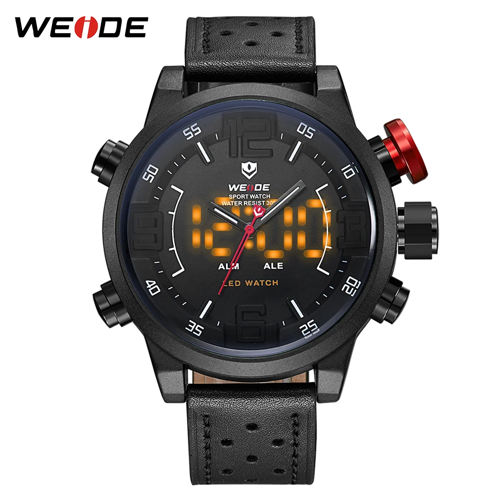 WEIDE Men's Business Casual Sports Quartz LED Display Top Luxury Brand Quartz Leather Strap Military Army Wrist Watch  Clock