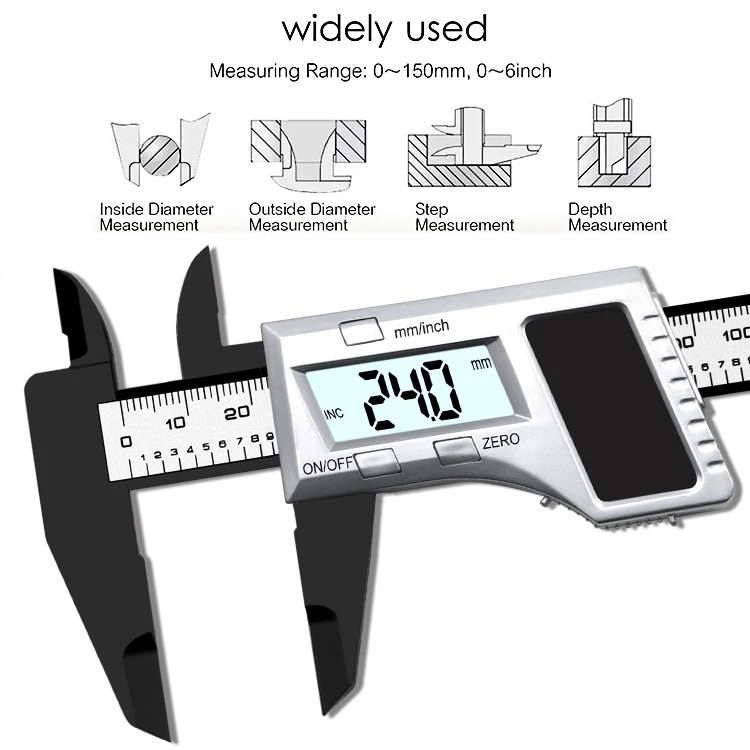 0-150 мм Цифровой штангенциркуль из углеродного волокна питание от солнечной энергии