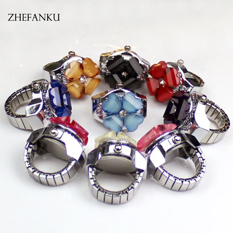 

Fashion Crystal Flower Ring Watch Girls Steel Stretchy Quartz Finger Watches Adjustable Snap Ring Watch for Christmas Gifts