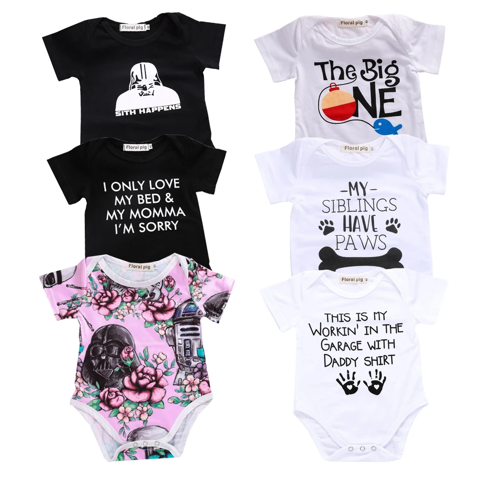 

China Imported Baby Boy Girl Clothes Funny Letter Bodysuit Toddler Baby Clothing White Short Sleeve Tiny Cottons Outfits Onesie