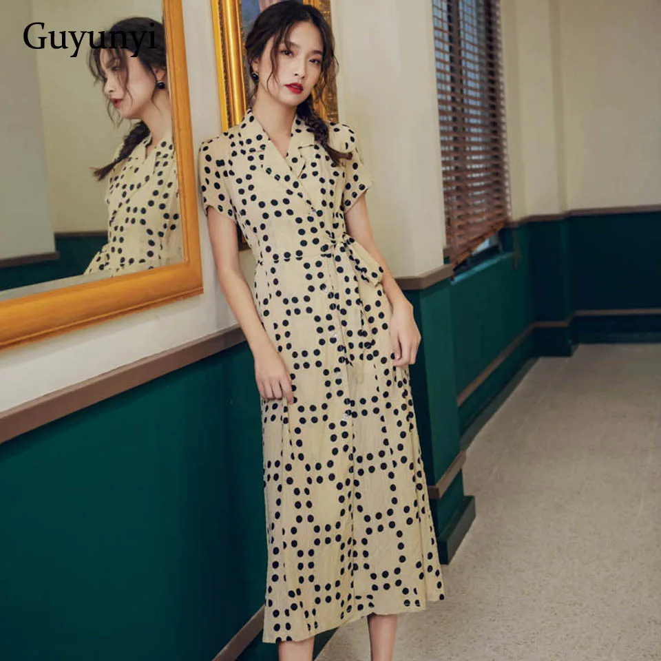 

Leisurely Vacation Dot Bohemian Dress 2019 Summer Chiffon Maxi Dress Small Sexy Notched Neck Double-breasted Shirt Dress Women