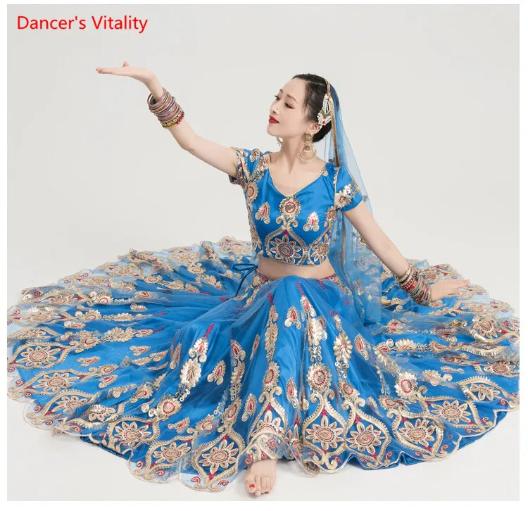 Новинка, одежда для индийских танцев, женский костюм для танца живота, костюмы для сцены, топы+ большая юбка-качели+ вуаль, комплект из 3 предметов