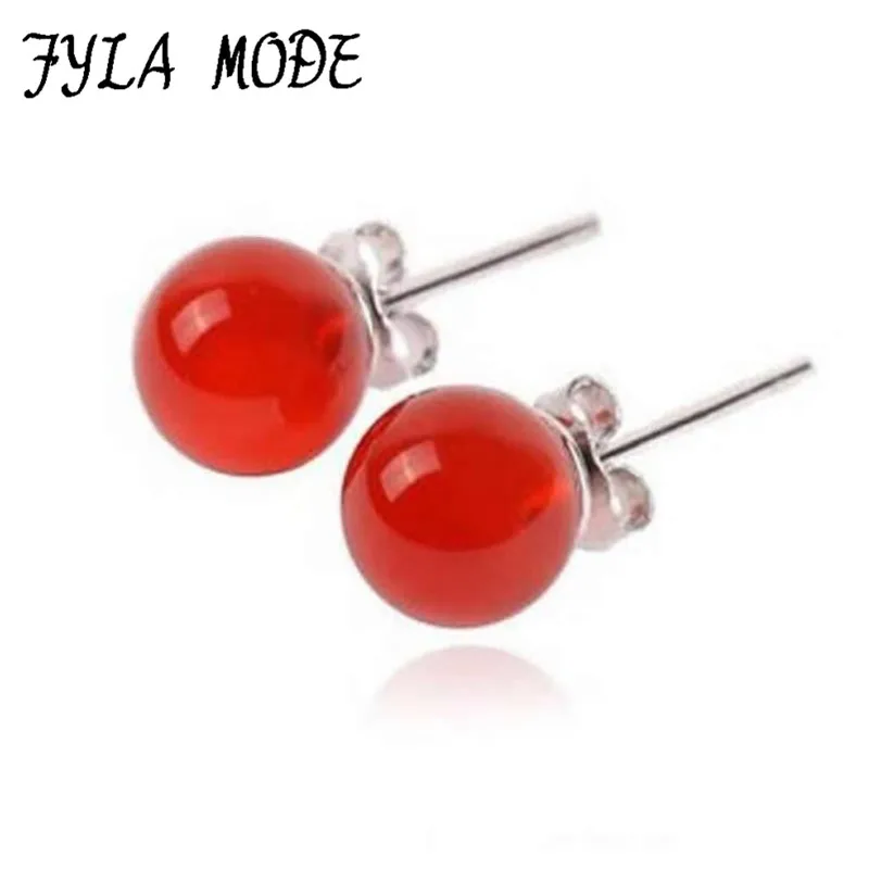 Authentic 925 Sterling Silver 8mm Red Natural Stone Bead Stud Earrings Color Jewelry for Women Party YH053 | Украшения и