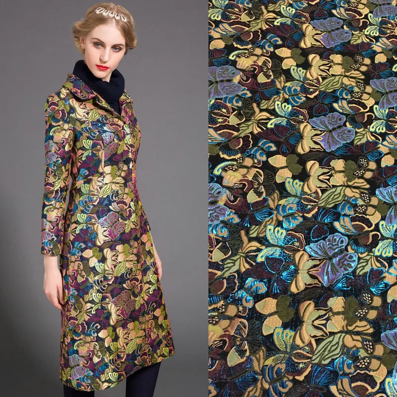 Высококачественная жаккардовая ткань для платья с бабочками металлическая