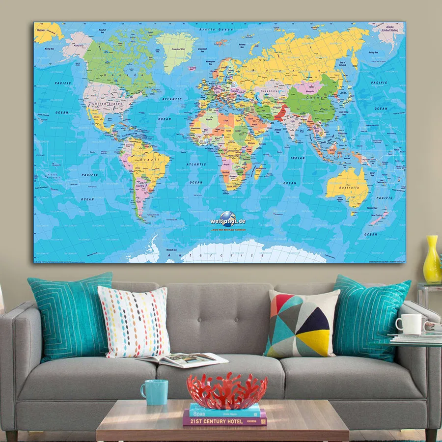 

World Map Image Big Size Simple Colorful Canvas Wall Art Sticker Geographical Elaborate Design High-End Home Decor Cafe Pub