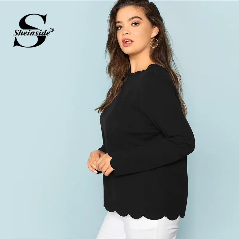 Sheinside размера плюс черная Элегантная футболка женская однотонная с длинным рукавом Женская рабочая одежда Гребешок Край Осень Топ женская одежда s