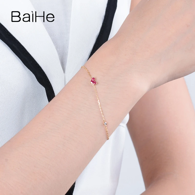 BAIHE Solid 14 K желтое золото сертифицированных безупречной подлинной Природный Рубин Обручение Для женщин классический Fine Jewelry Элегантный Подарочный браслет
