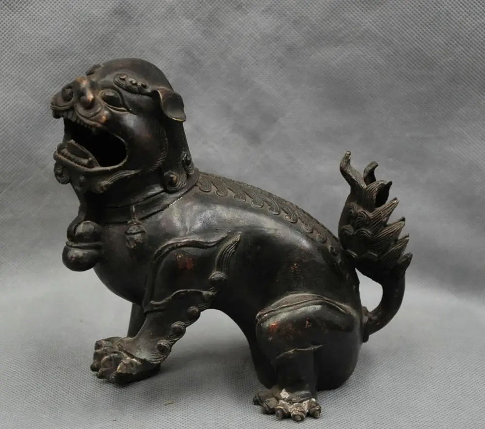 

7'' China Bronze Censer Animal Foo Dog Lion Kylin Statue Figurine