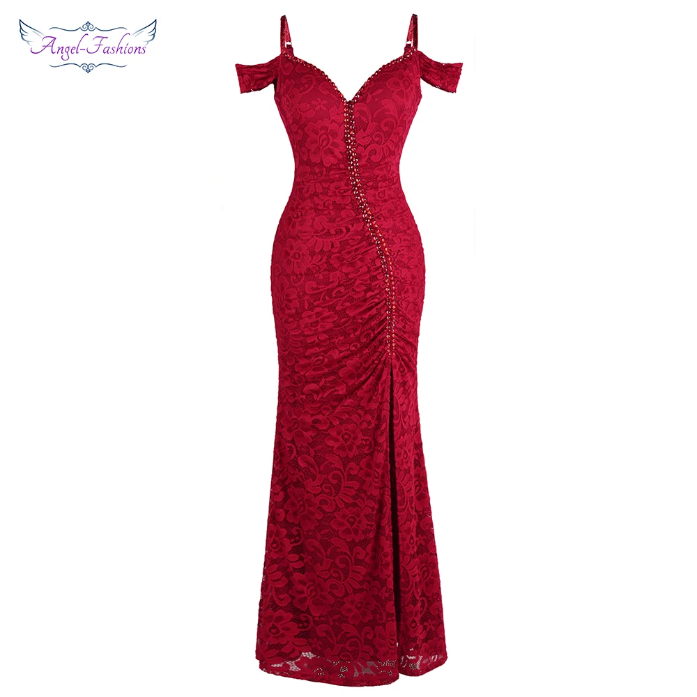 Angel-fashions Women's Boat Neck Lace Evening Dress Long Formal Party Gown Birthday Costume Beading Red Blue 425 Angel-fashions Women's Boat Neck Lace Evening Dress Long Formal Party Gown Birthday Costume Beading Red Blue 425