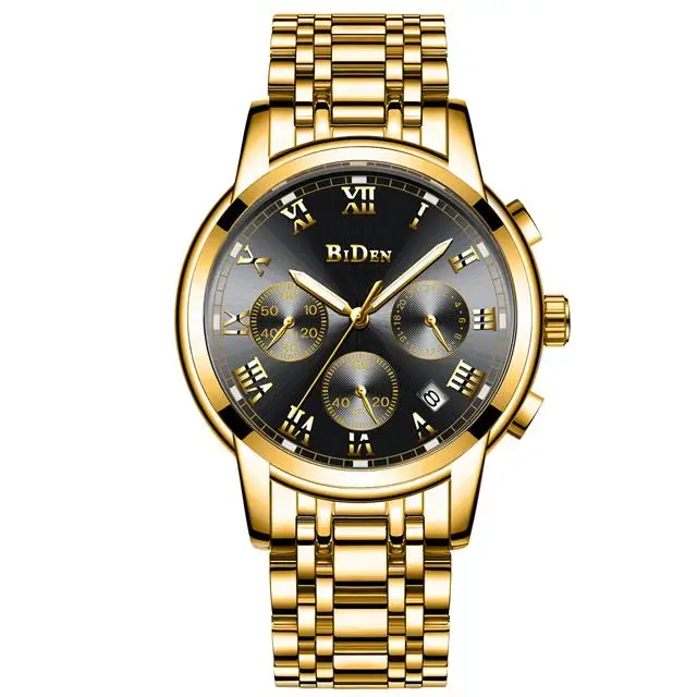 Бизнес Biden роскошные мужские наручные часы кварцевые мужские часы из нержавеющей стали водонепроницаемые светящиеся часы с календарем - Цвет: Gold Black