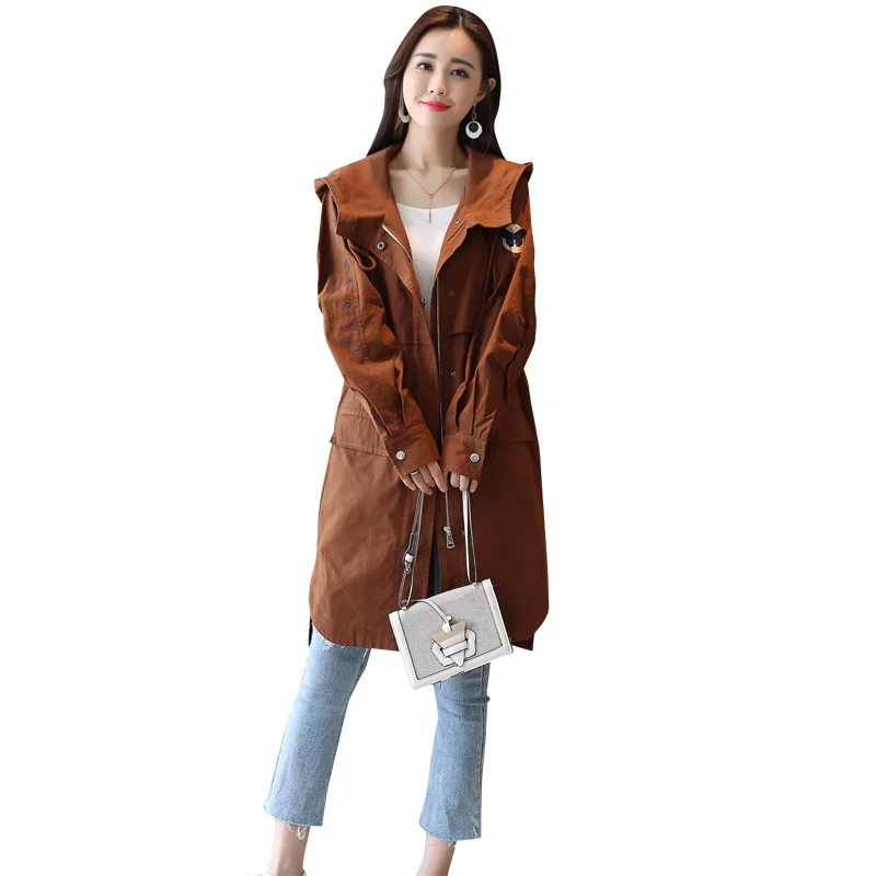 Solide Voyage Manteau vent Khaki Coupe 2018 Imperméable Broderie À Droite Wome Long caramel Streetwear Automne Capuche Veste ExIBTwqA0