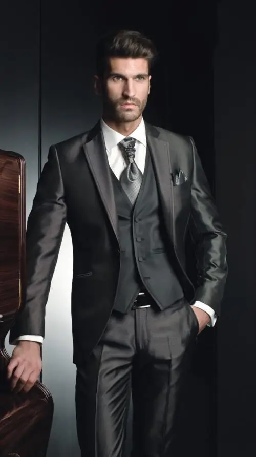 

Newest Groom Tuxedo Shiny Dark Grey Groomsmen Notch Lapel Wedding/Dinner Suits Best Man Bridegroom (Jacket+Pants+Tie+Vest) B504