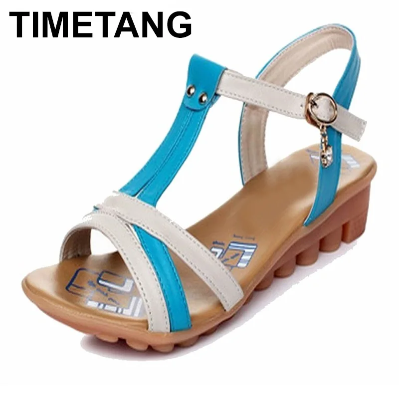 

TIMETANG 2018 fashion high quality genuine leather sandals mixed color flat summer shoes woman ladies shoes Women sandals 35-43