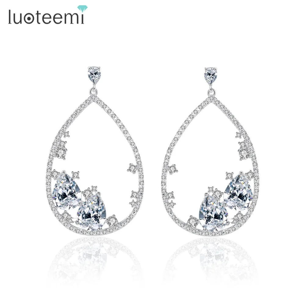

LUOTEEMI Romantic Hollow Water Drop Earrings for Women Wedding Party Gold or White Gold Color with CZ Fashion Jewelry Pendientes