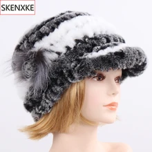 Русская зима Женский вязаный Настоящий мех кролика шапочки шапки Настоящий мех кролика шапка леди Натуральная шапка из меха кролика рекс