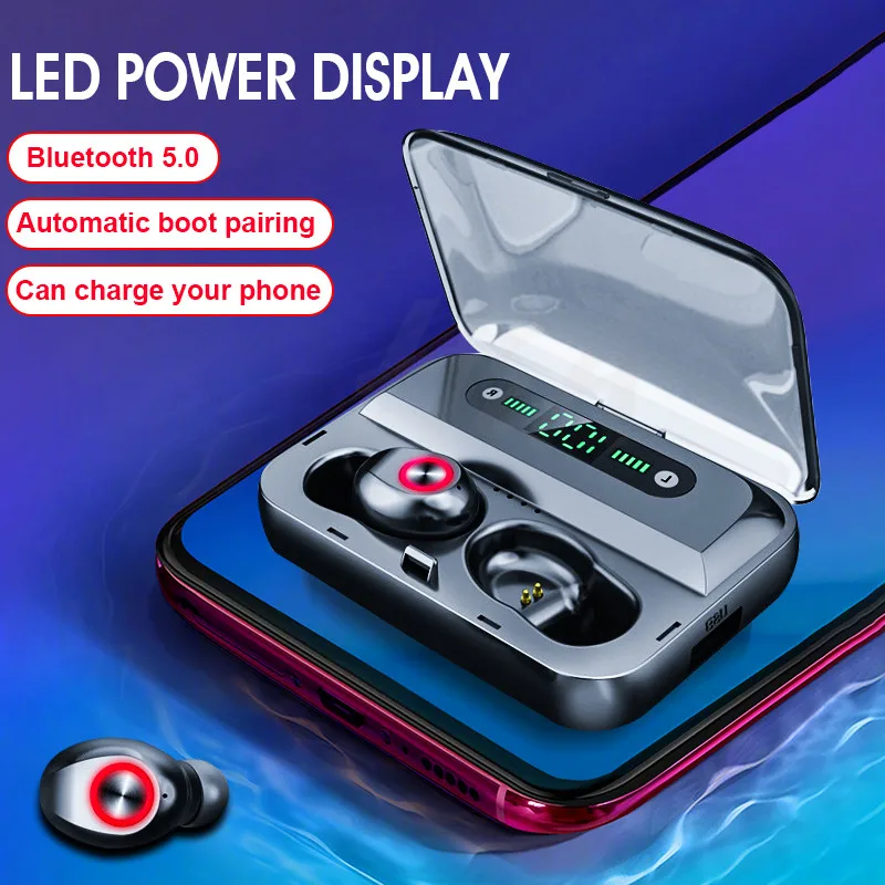 H&A TWS 5.0 Bluetooth 6D Stereo Earphone Wireless Earphones  LED Display Waterproof Earphones 1200mAh Power Bank Phone Holder