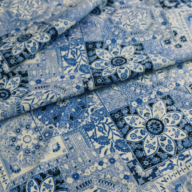 50cm*145cm Ethnic Silk Cotton Textile Vintage Chinese Blue White Fabric For Children | Дом и сад