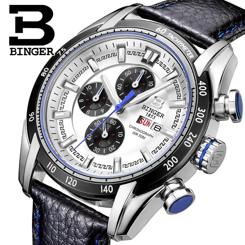 

2018 men's watch luxury brand Wristwatches BINGER Quartz Genuine Leather watch Sport Chronograph clock Diver glowwatch B1163-6
