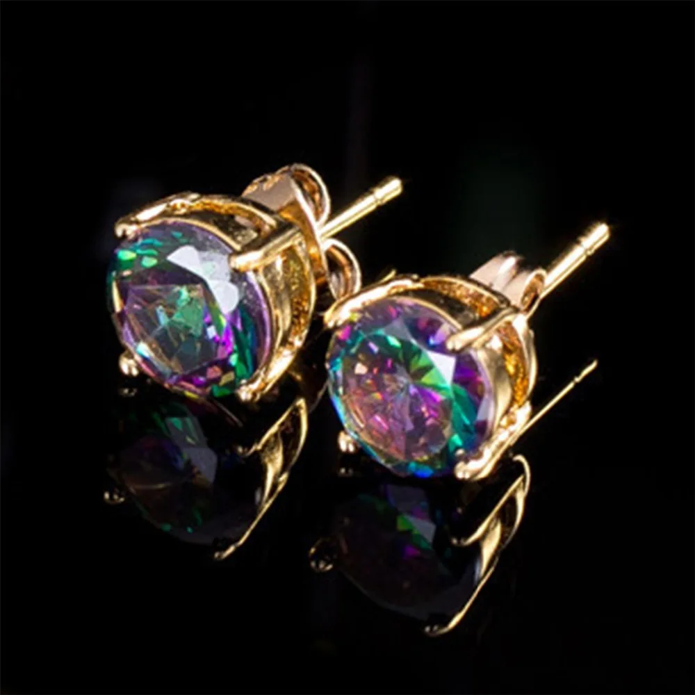 Colorful Women Clear Round Rainbow Crystal Gem Stone Ear Studs Earrings