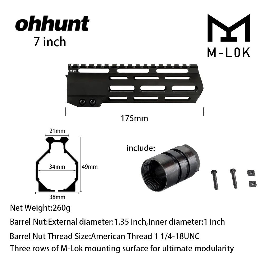 Оххант тактический AR15 свободный поплавок M-LOK Handguard 7 "9" 10 "12" 13,5 "15" 17 "ПИКАТИННИ с стальная муфта ствола для прицела