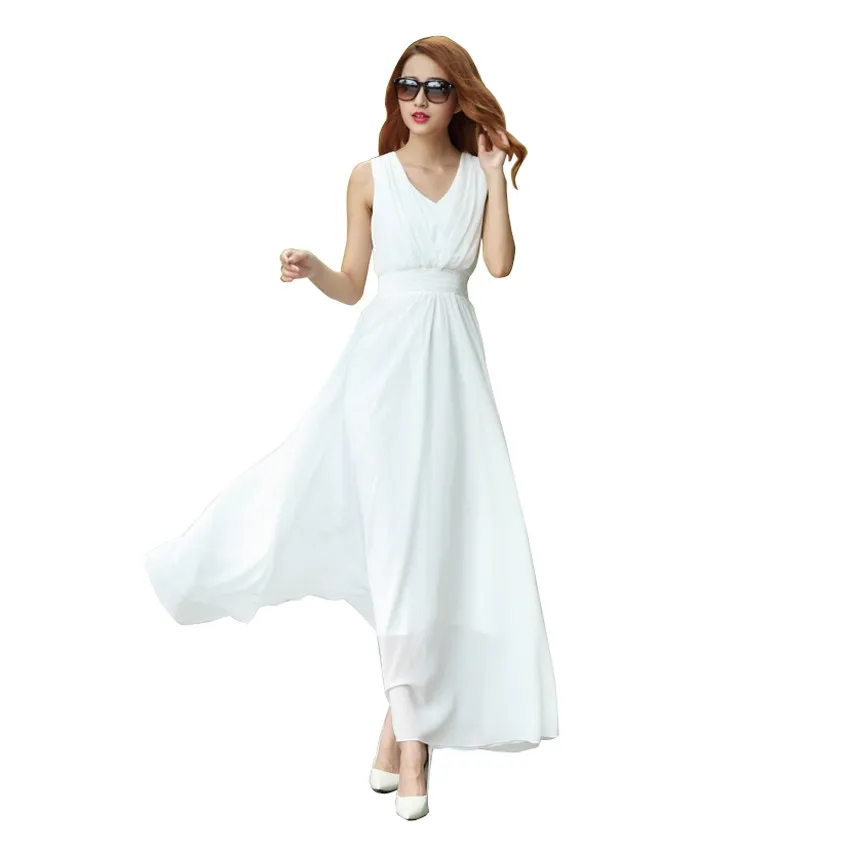 Long Summer Dress Women 2016 Sleeveless White Beach Chiffon Maxi Women ...