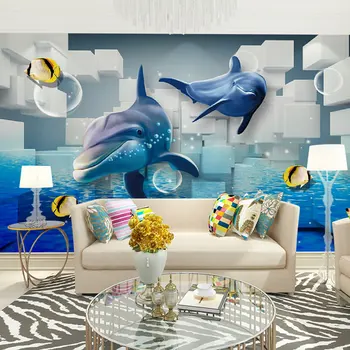 

Children's Room Wall Paper Custom 3D Dolphin Photo Wall Paper Mural Stickers Home Decor Kids Self Adhesive Vinyl/Silk Wallpaper