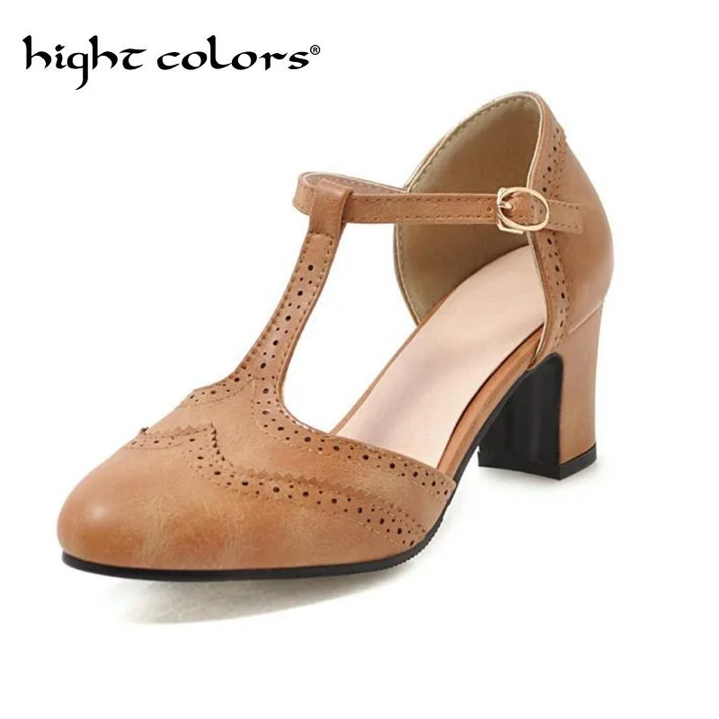 

2019 Autumn Vintage Womens Chunky Block High Heel T-Strap Pumps Women Shoes Black Brown Large Size 40-46 Buckle With Sandals