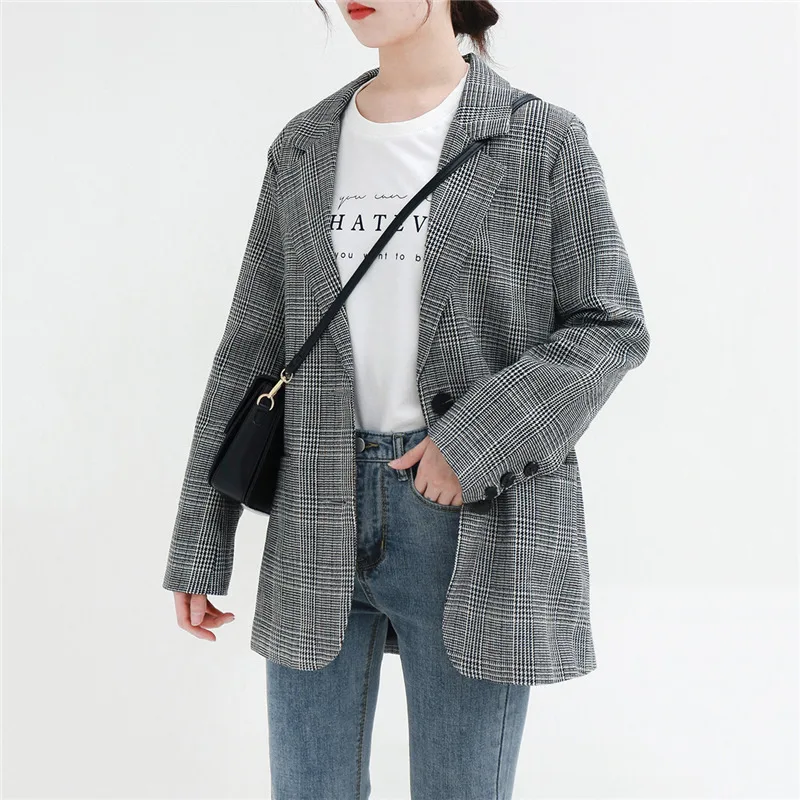 2019 New Spring Autumn French style British retro Chic Long Sleeve Plaid Suit Jacket Women Blazer Coats v527