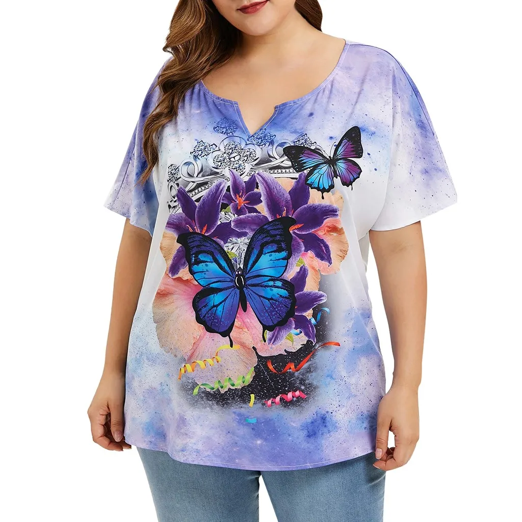

2019 Spring Summer New Women's Tops Short Sleeve Plus Size Butterfly Print Tie Dye Women Ventilation Blouse