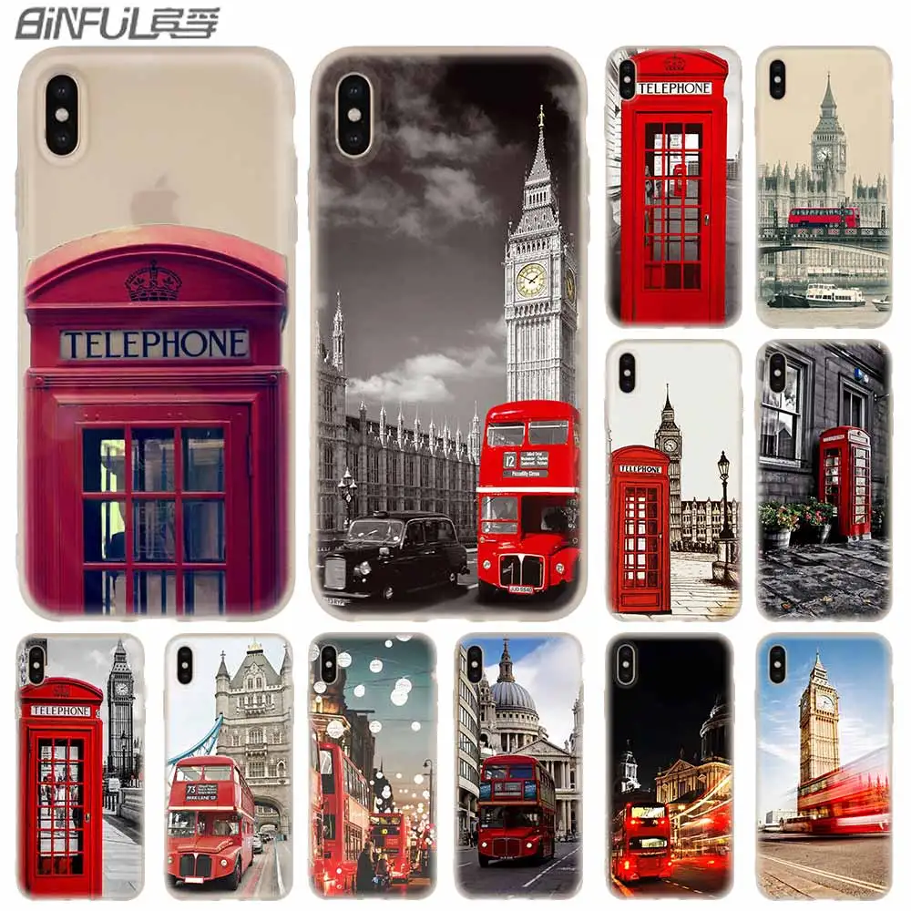 

Cases Silicone soft Cover for iPhone 11 Pro X XS Max XR 6 6S 7 8 Plus 5 4S SE London Bus England Telephone