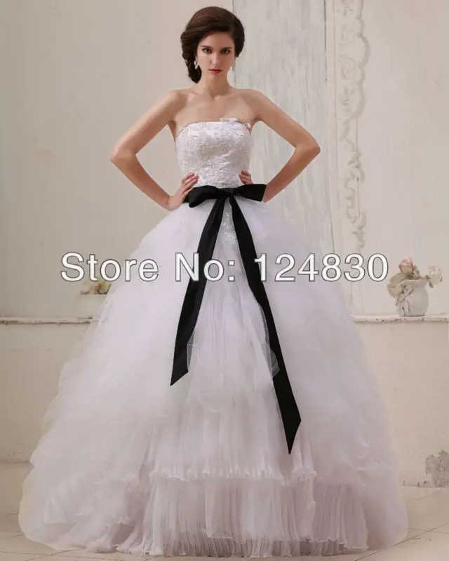 Hot Selling Free Shipping Elegant Appliques Organza Black Ribbons Bowknot Sash Ball Gown Wedding