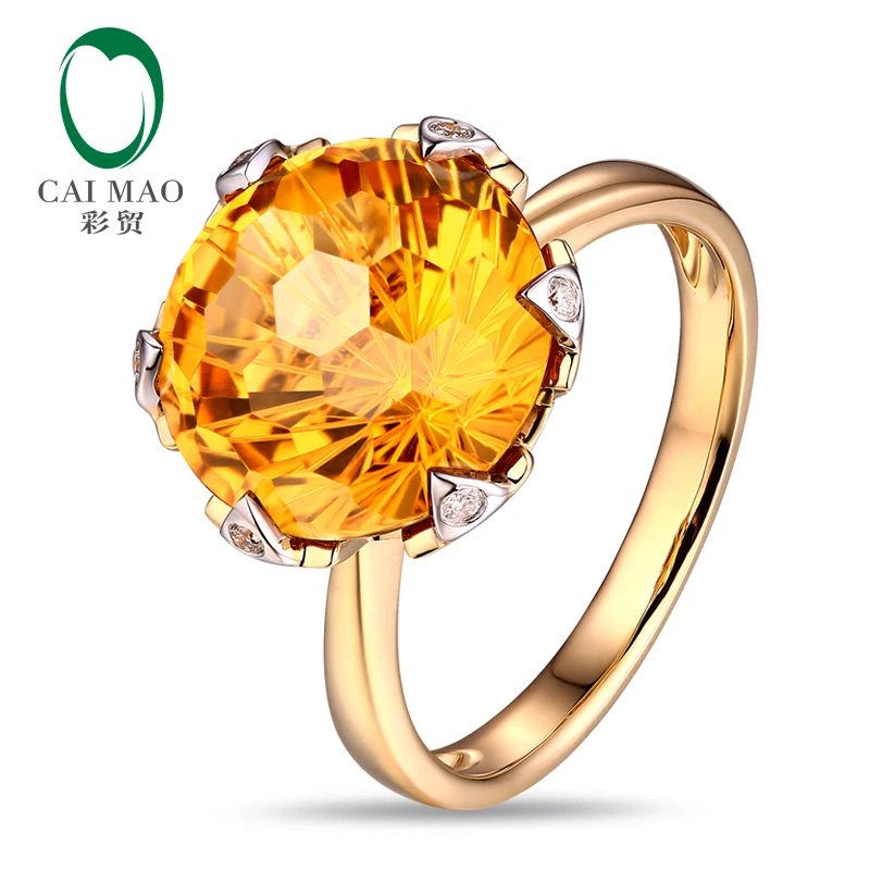 Caimao Jewelry 12mm Round Cut 7.21ct Citrine Ring 14k Gold With Natural Diamond