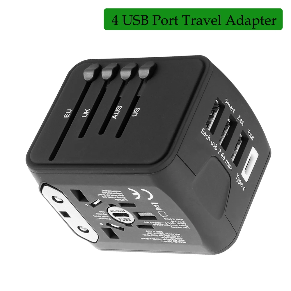 Универсальный адаптер для путешествий Международный адаптер питания все-в-одном с 6.3A 4 USB по всему миру настенное зарядное устройство для Великобритании/ЕС/Австралии/Азии